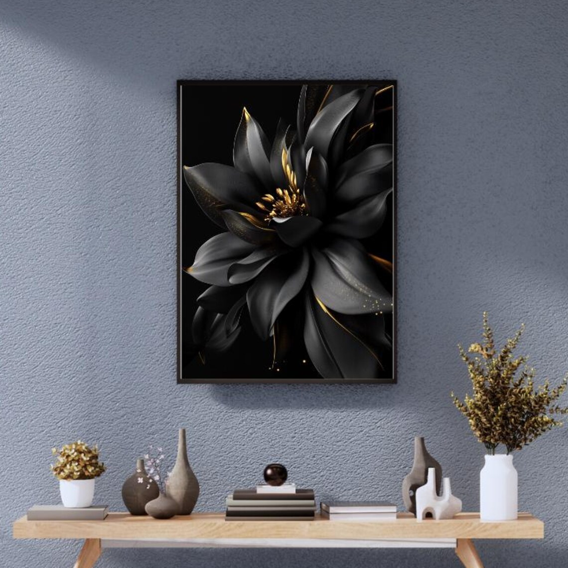 Black And Gold Flower Print Elegant Modern Floral Wall Art Luxury Botanical