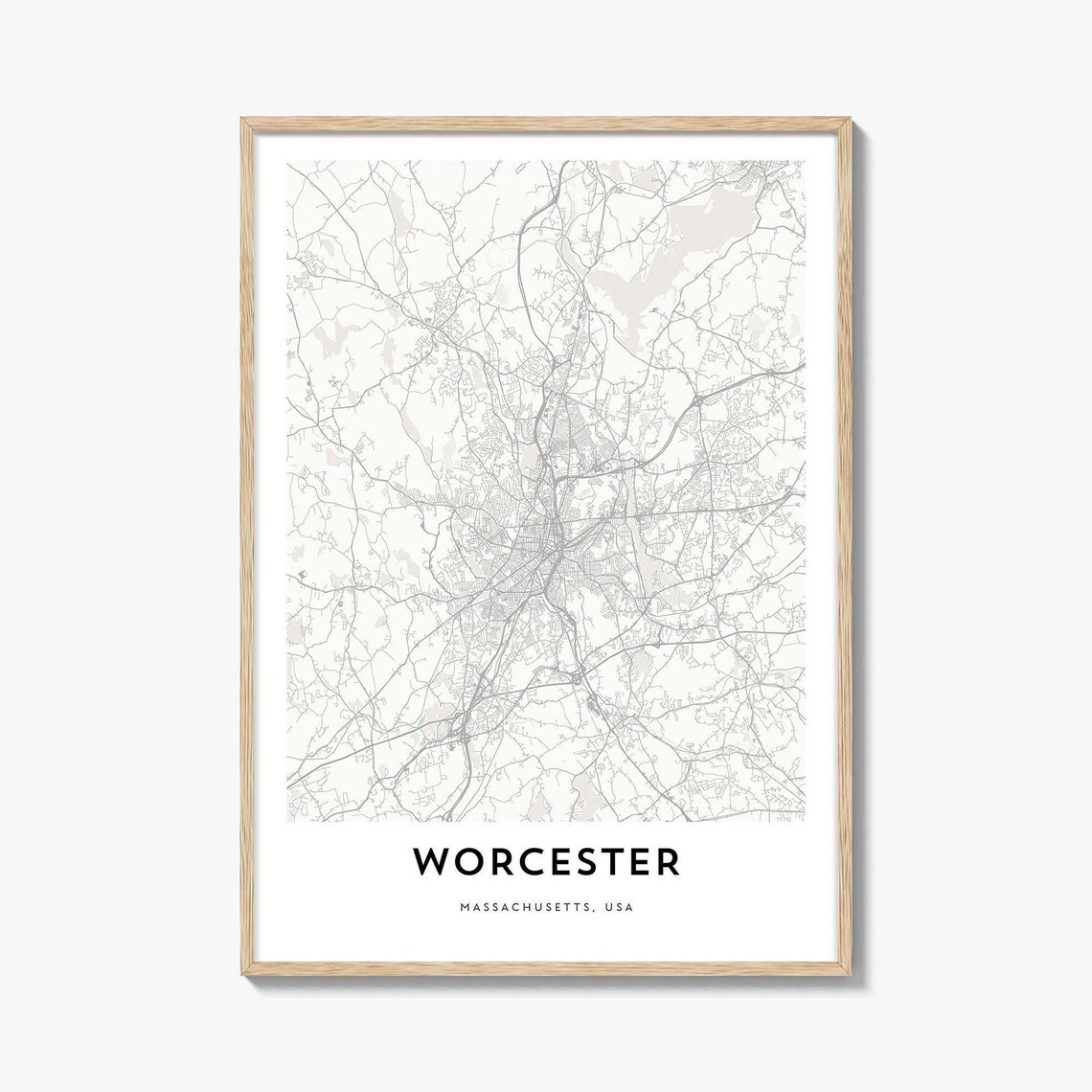 Map of Worcester Massachusetts Art Print, City Map