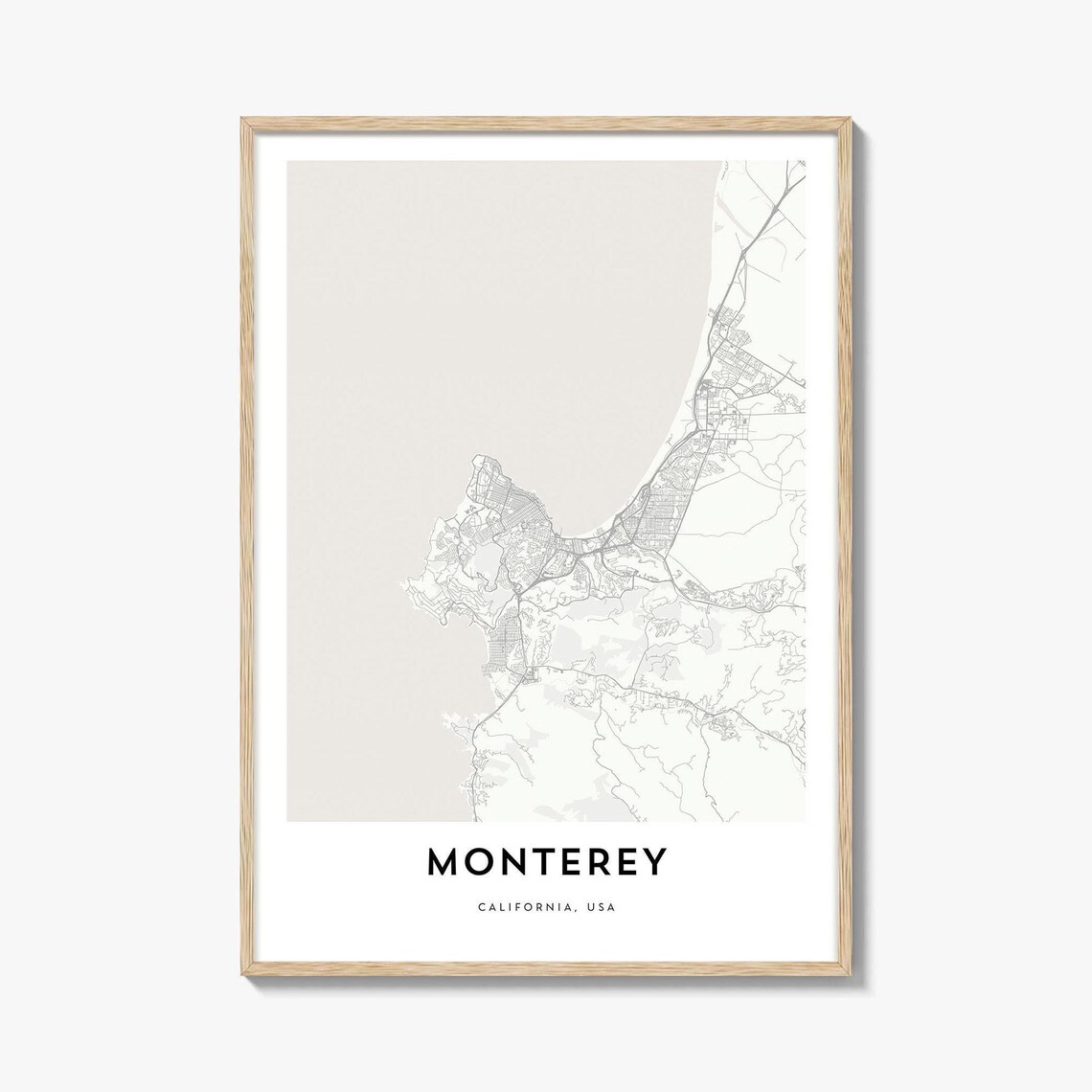Modern Monterey California Coastal City Monochrome Street Map Poster