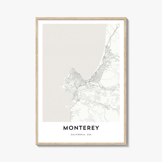Modern Monterey California Coastal City Monochrome Street Map Poster