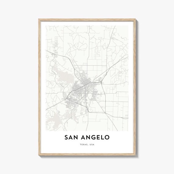 San Angelo Texas Clean Minimalist City Street Map Decor Poster