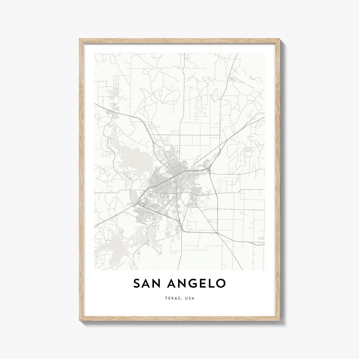San Angelo Texas Clean Minimalist City Street Map Decor Poster