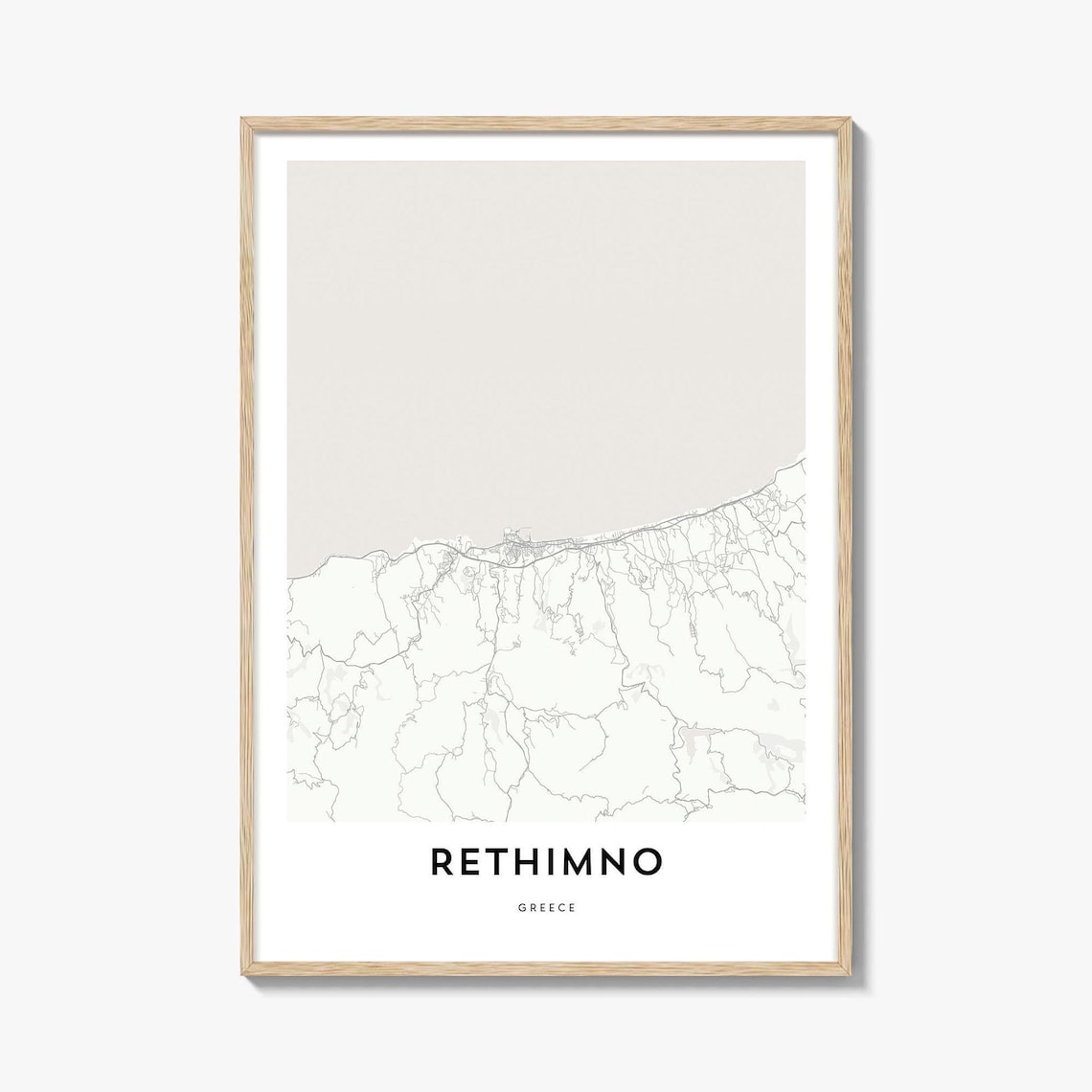 Rethimno Greece Coastal Map Monochrome City Street Map Poster