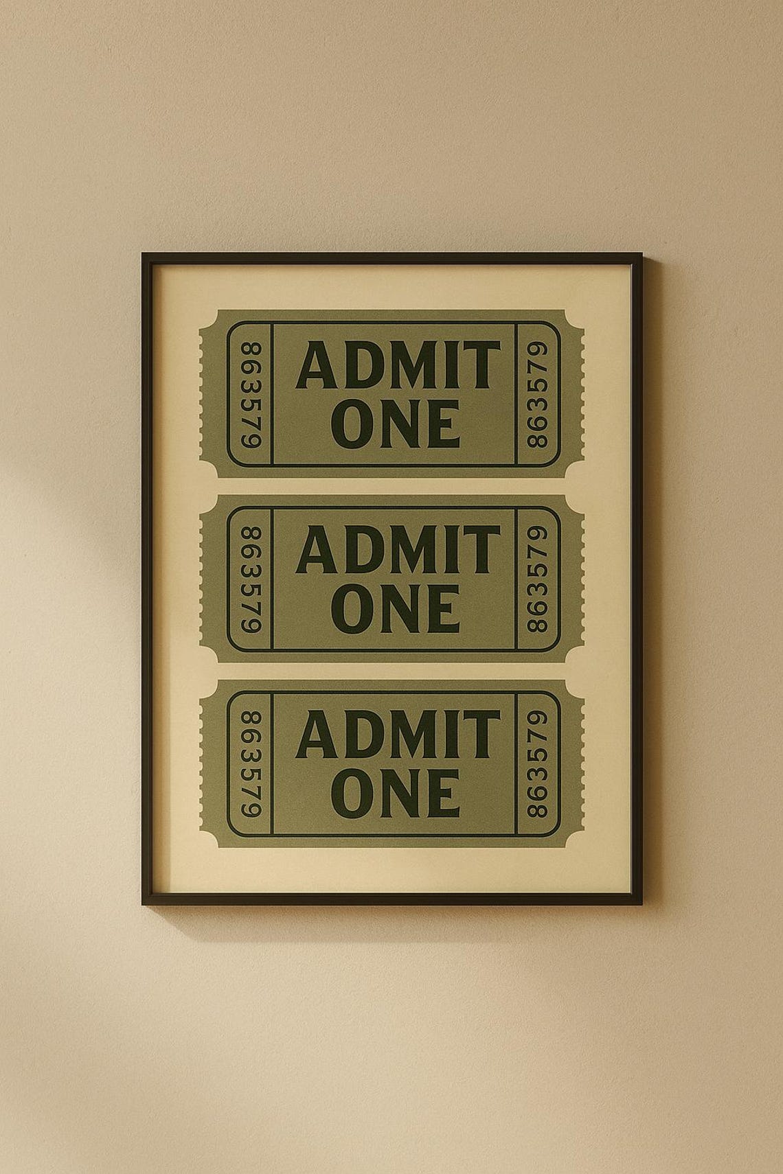 Admit One Retro Olive Ticket Stub Trio Vintage Carnival Wall Poster