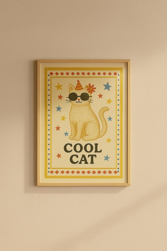 Cool Cat Poster Whimsical Wall Art Vintage Animal Print Funny Decor