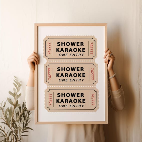 Shower Karaoke Ticket Print Bathroom Retro Neutral Cream Aesthetic Shower Singing Funny Wall Art Vintage Trendy Home Decor