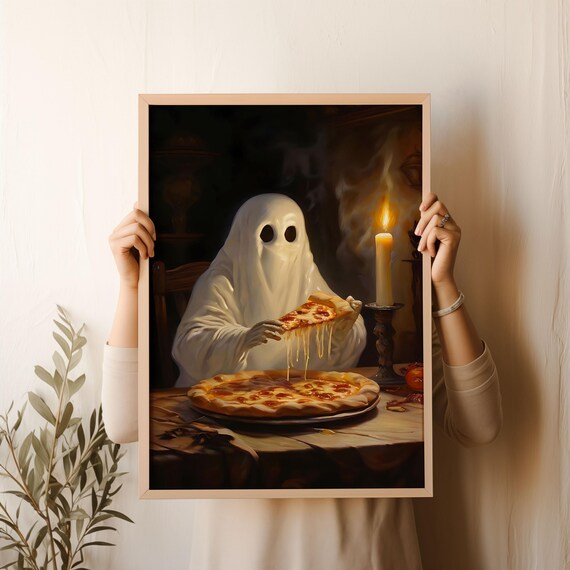 Cute Ghost Eating Pizza By Candlelight Funny Halloween Art Poster