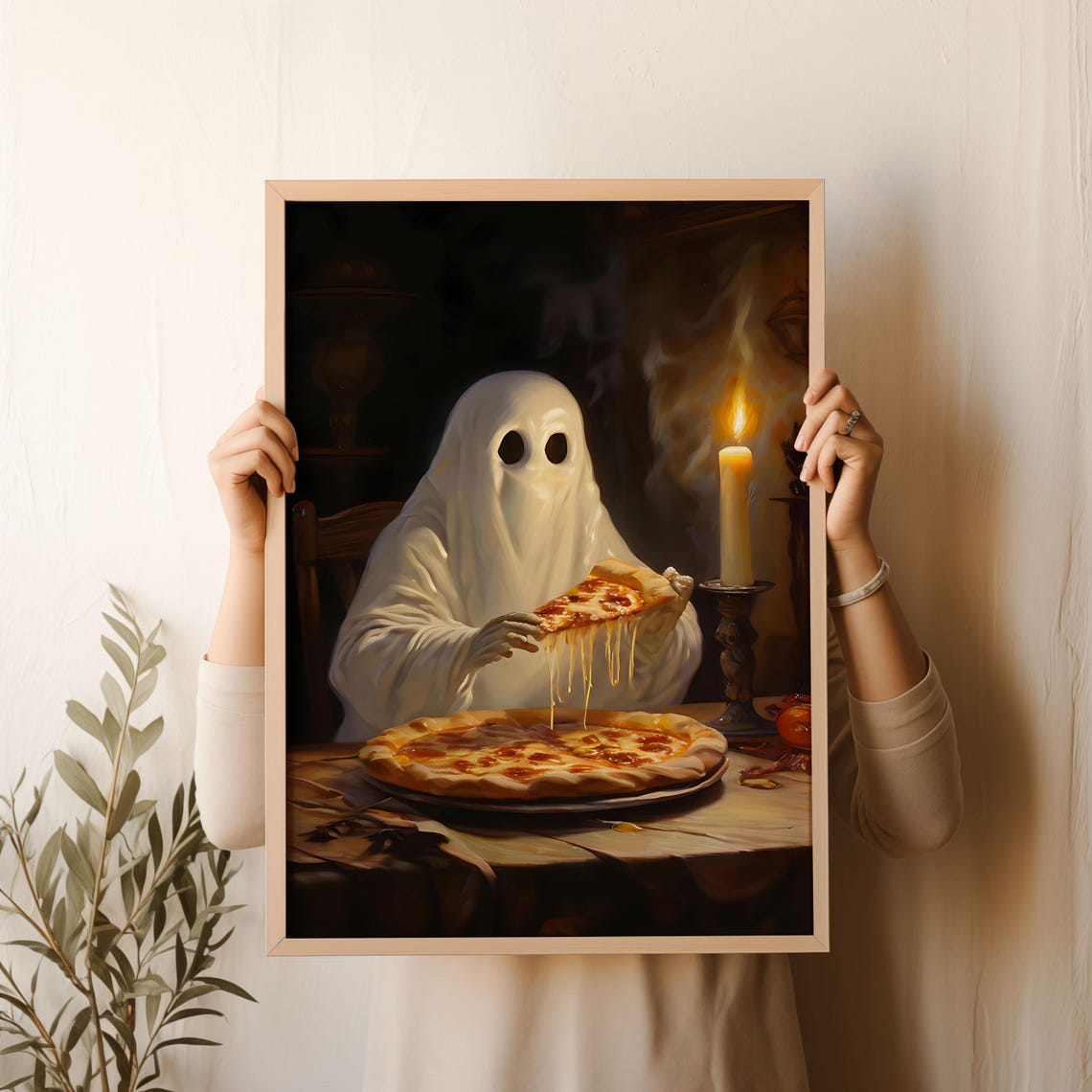 Cute Ghost Eating Pizza By Candlelight Funny Halloween Art Poster