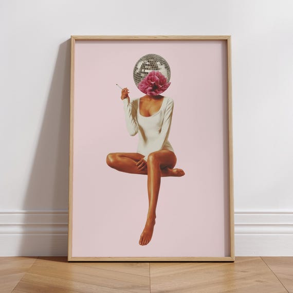 Disco Ball Head Art Print Vintage Poster Dopamine Decor Apartment Aesthetic Trendy Wall Digital Download
