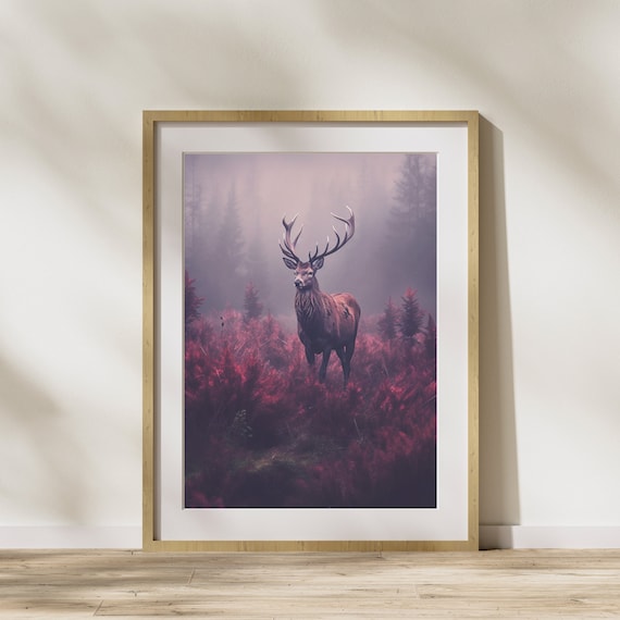 Red Deer Stag Misty Purple Forest Wildlife Photography Art Poster