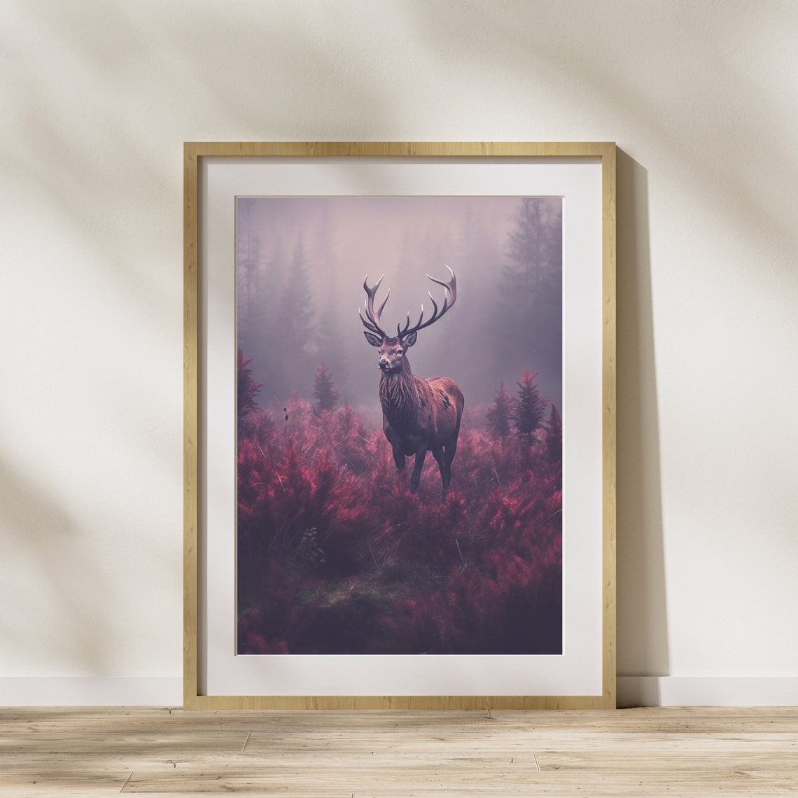 Red Deer Stag Misty Purple Forest Wildlife Photography Art Poster
