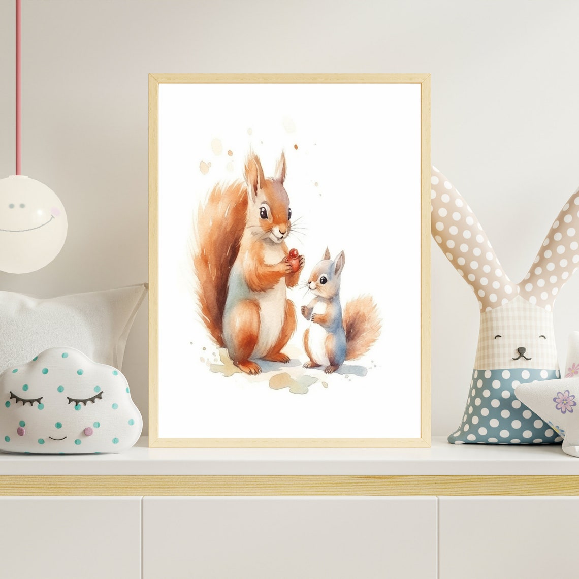 Cute Adult And Baby Squirrels Sharing Berry Watercolor Nursery Poster - Image 4