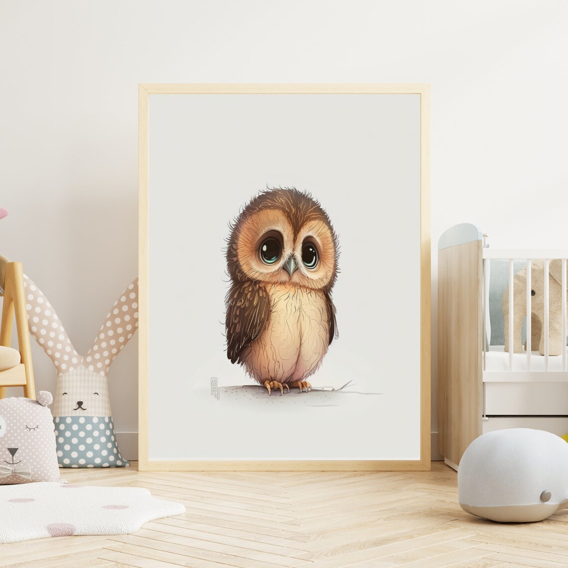 Adorable Baby Owl With Big Green Eyes Watercolor Nursery Poster