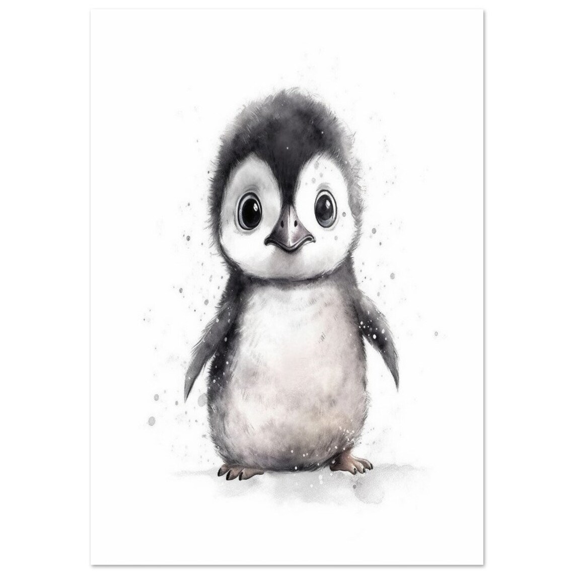 Black and White Baby Penguin Watercolor Portrait Nursery Art Poster - Image 2