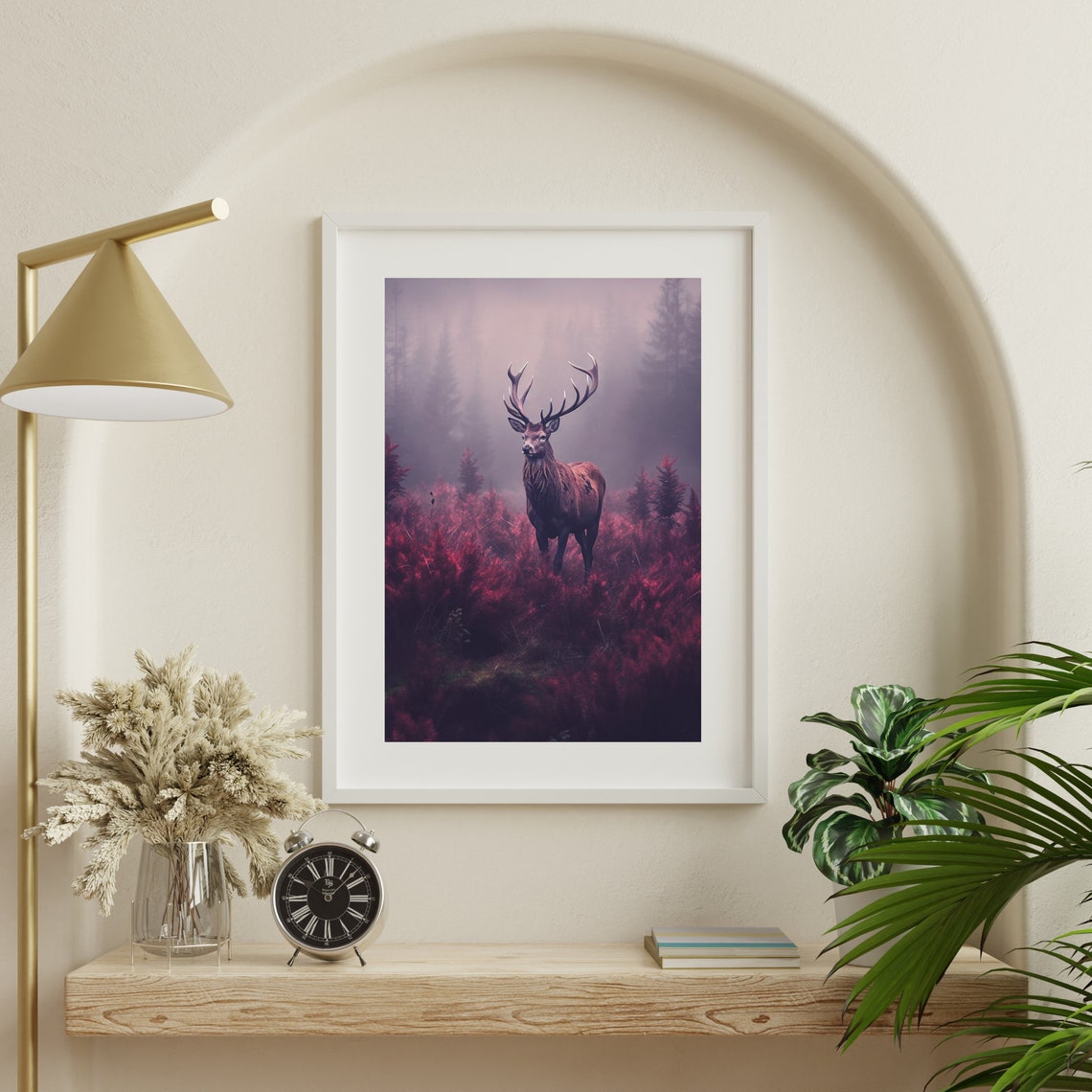 Red Deer Stag Misty Purple Forest Wildlife Photography Art Poster - Image 3