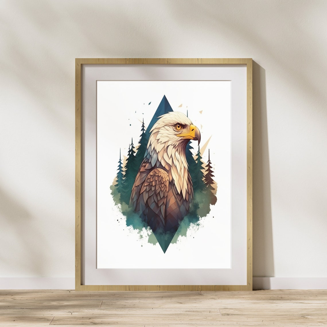 Bald Eagle Geometric Watercolor Pine Trees Triangle Art Poster