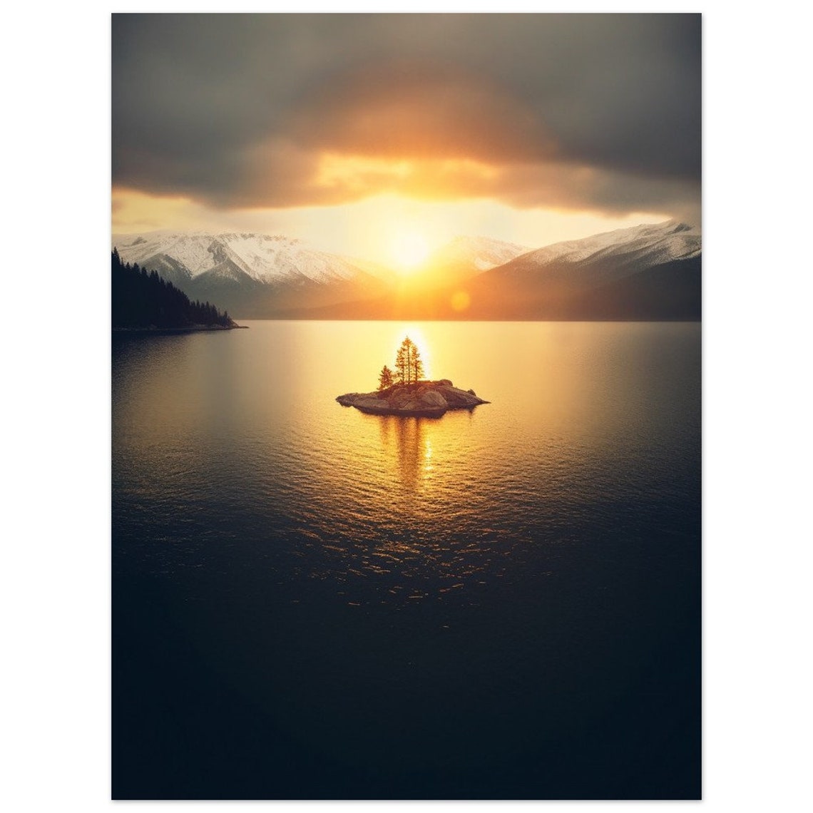 Tiny Island Tree Calm Lake Sunset Mountains Golden Hour Poster - Image 2