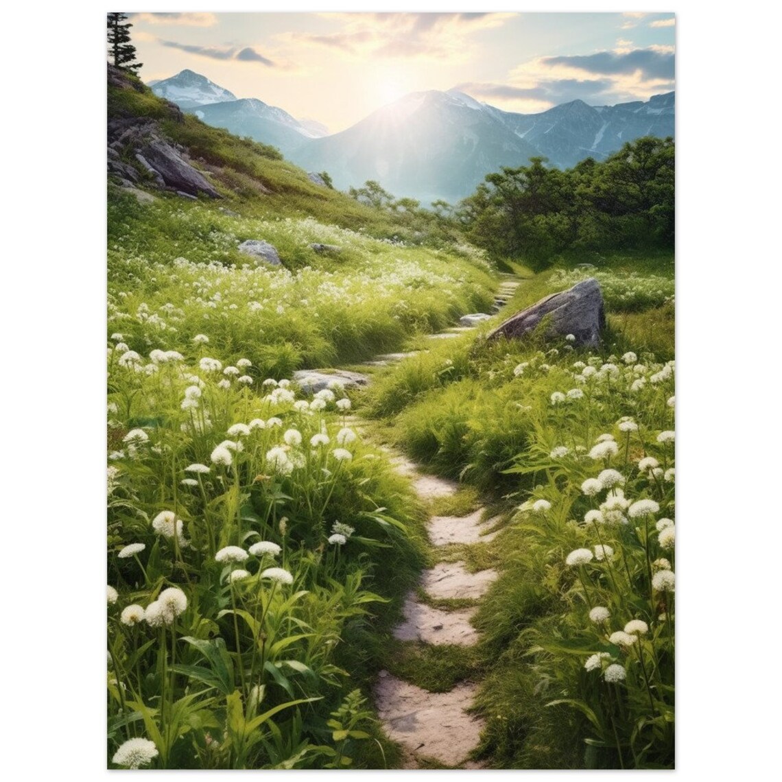 Alpine Wildflower Meadow Trail In Mountains Summer Morning Poster - Image 2