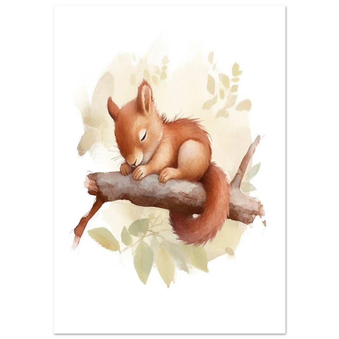 Sleeping Red Squirrel on Branch Watercolor Nursery Art Poster - Image 2