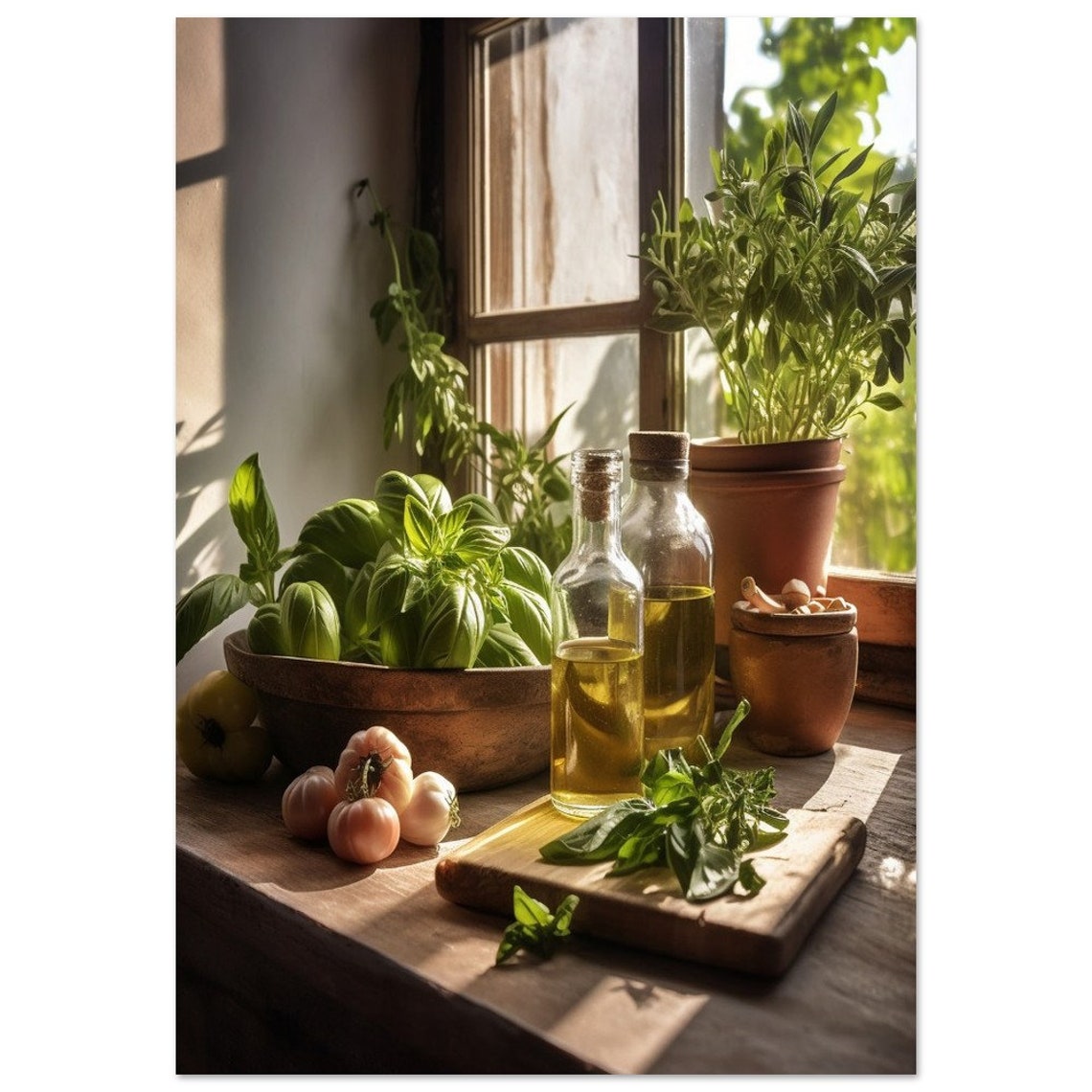Sunlit Windowsill Olive Oil Basil Garlic Kitchen Still Life Poster - Image 2
