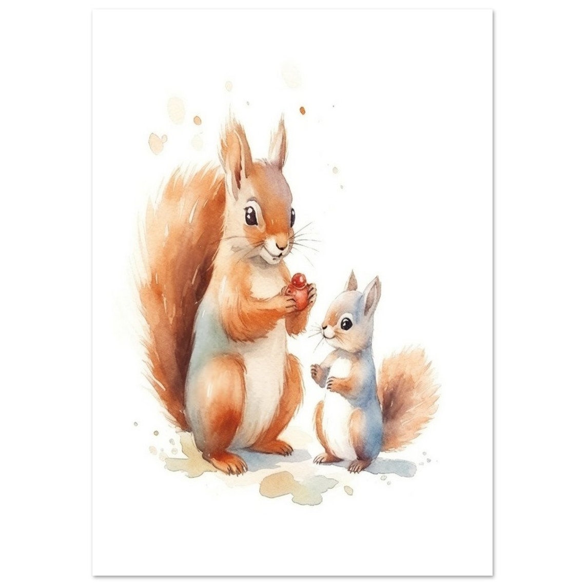 Cute Adult And Baby Squirrels Sharing Berry Watercolor Nursery Poster - Image 2