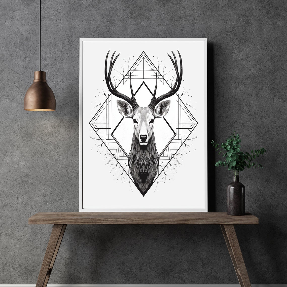 Deer Head Line Art Black White Geometric Triangle Design Poster - Image 3