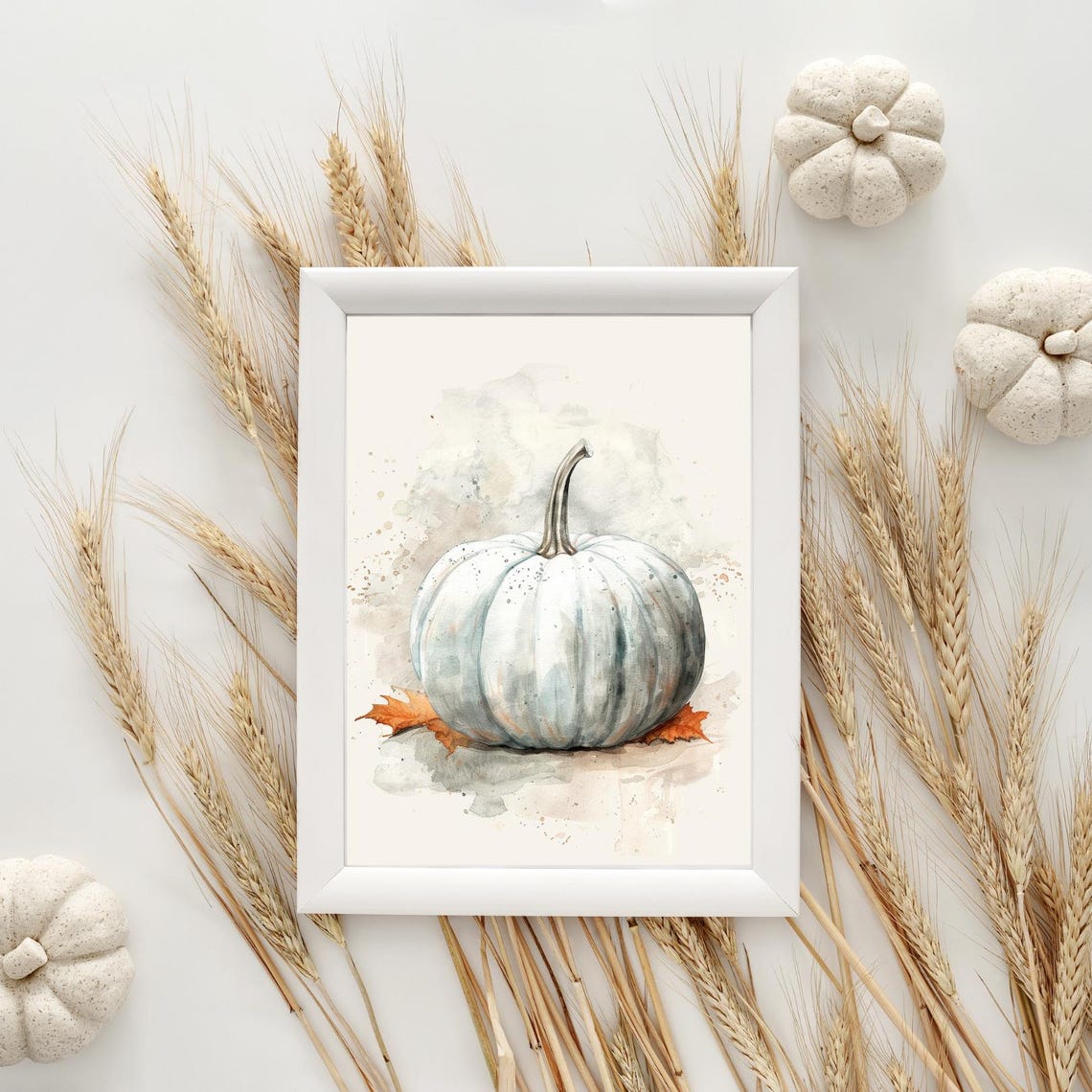 White Pumpkin With Fall Leaves Watercolour Autumn Harvest Poster - Image 4