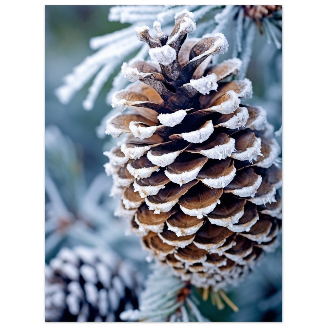 Beautiful Frosted Pinecone Macro Winter Nature Photography Poster - Image 2