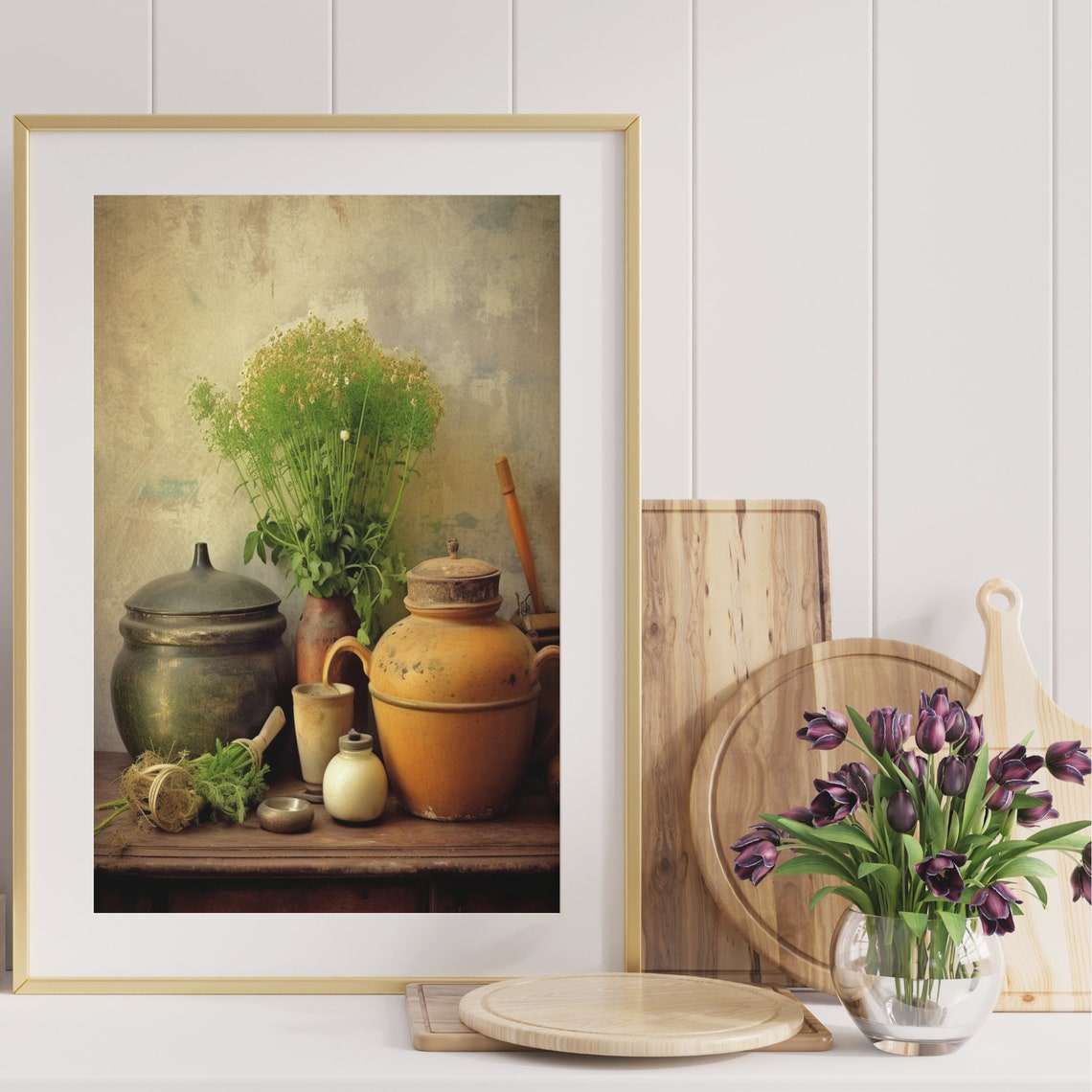Rustic Pottery Jars Green Herbs Vintage Still Life Wall Poster - Image 4