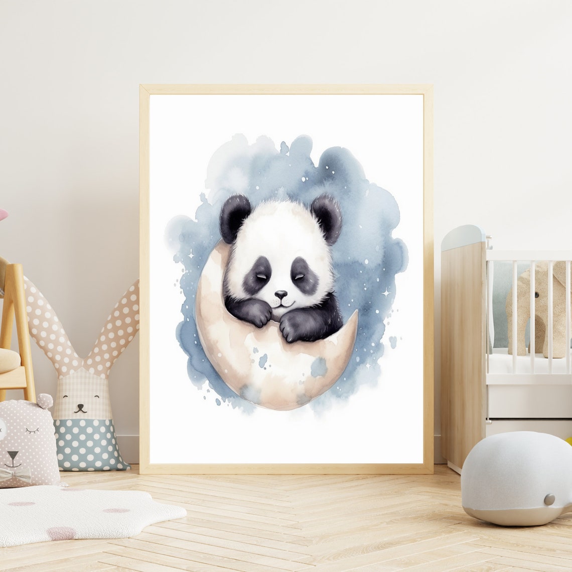 Sleeping Baby Panda Bear On Crescent Moon Watercolor Nursery Poster