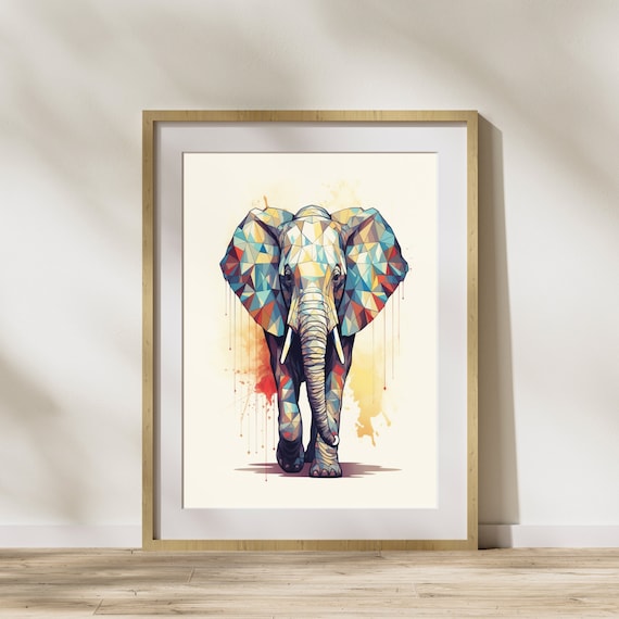 Colorful Geometric Elephant Low Poly Modern Watercolor Poster