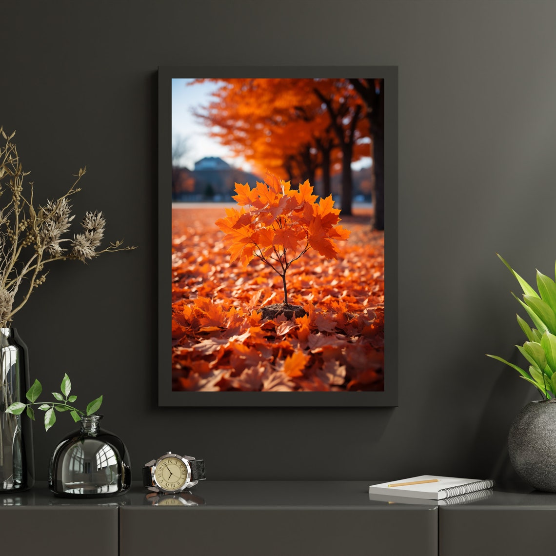 Small Orange Maple Sapling Among Fallen Autumn Leaves Poster - Image 4