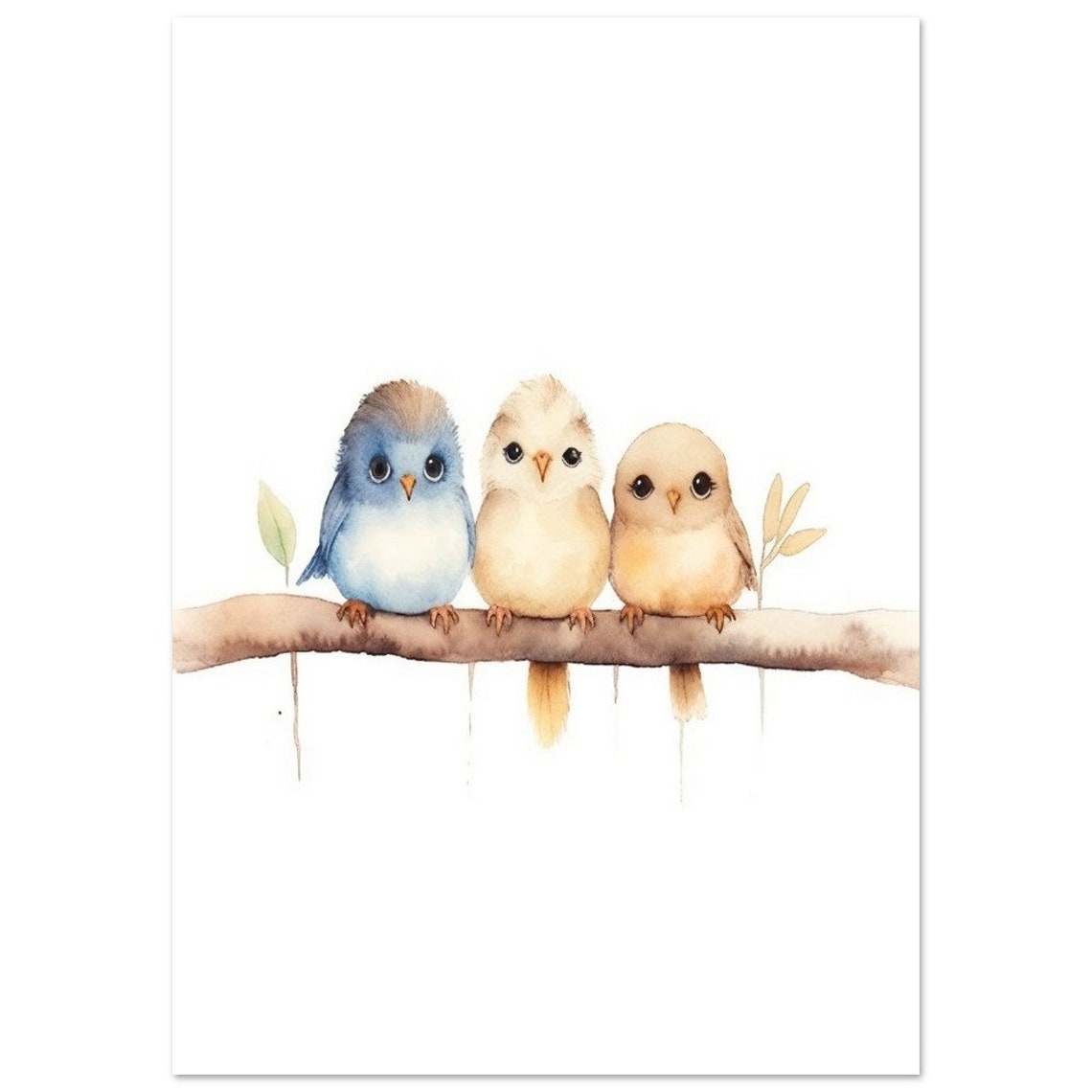 Three Cute Baby Birds on Branch Watercolor Nursery Art Poster - Image 3