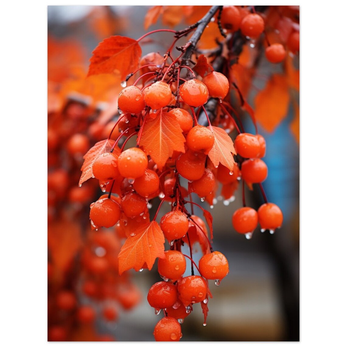 Dewy Orange Berry Cluster Close Up Autumn Leaves Rain Poster - Image 3