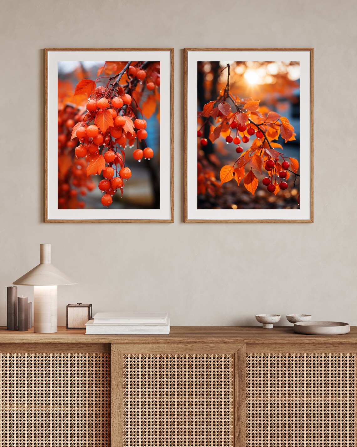 Dewy Orange Berry Cluster Close Up Autumn Leaves Rain Poster - Image 2