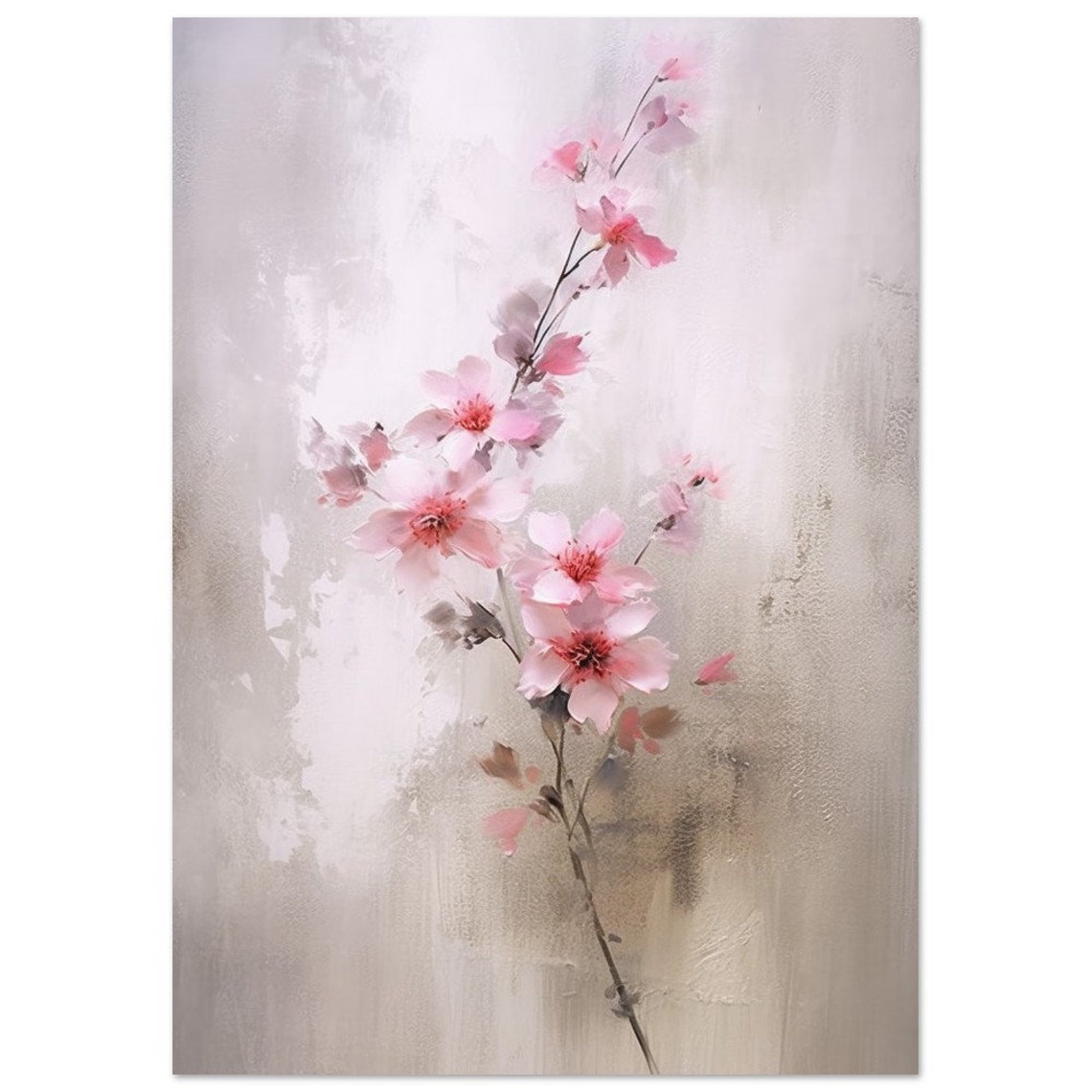 Pink Cherry Blossom Branch Soft Watercolor Floral Painting Wall Art - Image 2