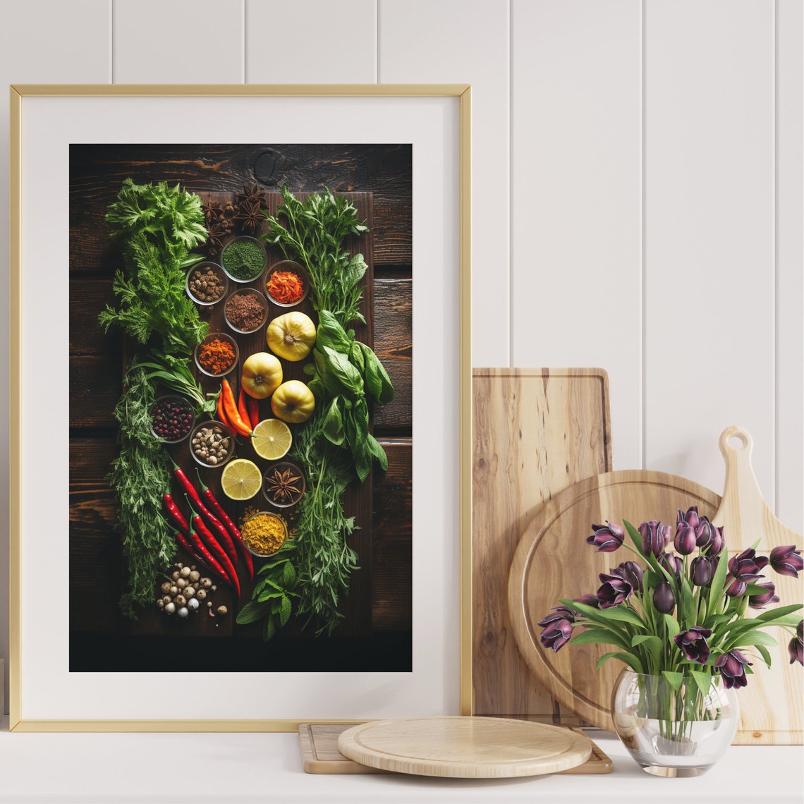 Colorful Spices Herbs Flat Lay Dark Wood Kitchen Wall Poster - Image 4