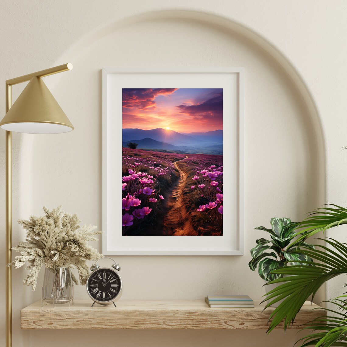 Sunset Mountain Path Pink Wildflower Field Nature Scenic Poster - Image 3