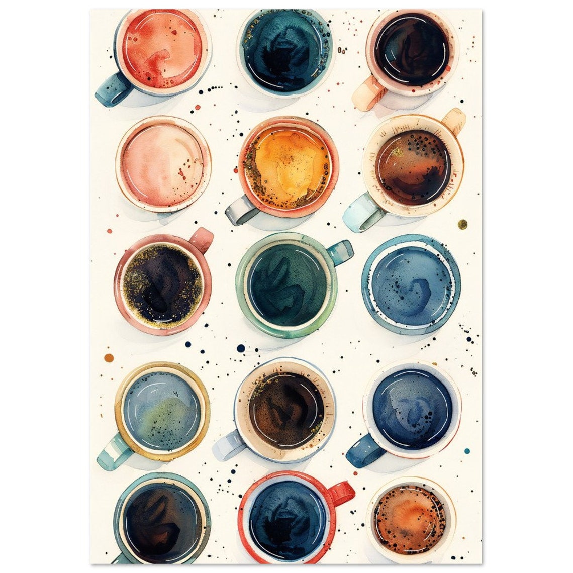 Colorful Watercolor Coffee Cups Overhead Grid Kitchen Art Poster - Image 2