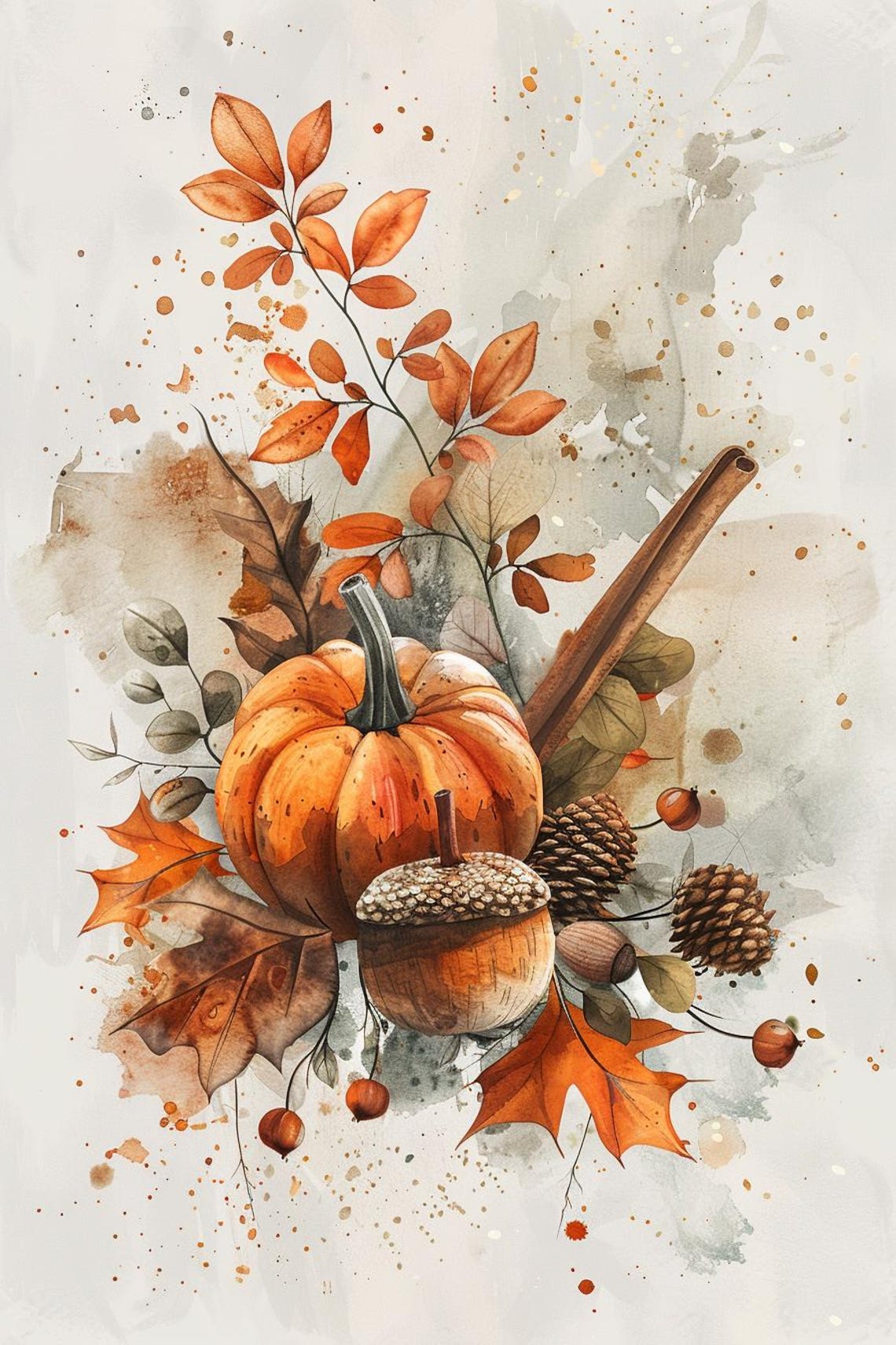 Pumpkin Acorn Pinecone Autumn Bouquet Watercolour Fall Poster - Image 2