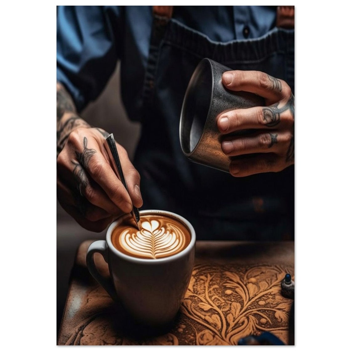Barista Pouring Milk Rosetta Latte Art Moody Cafe Hands Poster - Image 2
