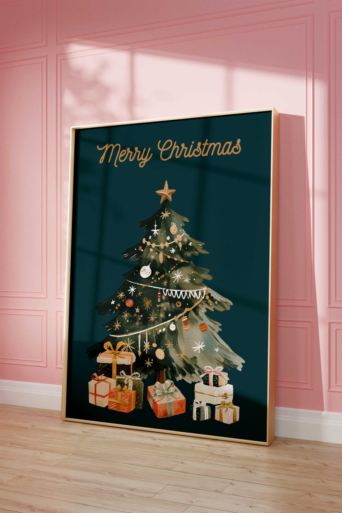 Festive Gold Merry Christmas Script Teal Tree Gifts Holiday Poster - Image 3