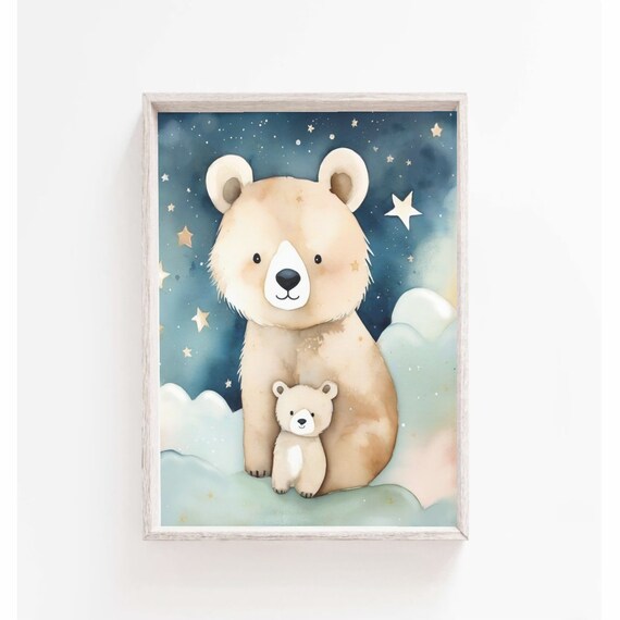 Sweet Mama Bear And Cub Starry Night Sky Watercolor Nursery Poster