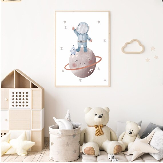 Astronaut on Smiling Ringed Planet with Alien Watercolor Space Nursery Poster