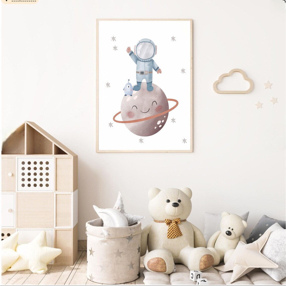 Astronaut on Smiling Ringed Planet with Alien Watercolor Space Nursery Poster