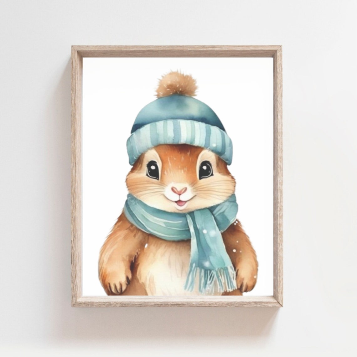 Cute Squirrel in Winter Hat and Scarf Watercolor Nursery Poster