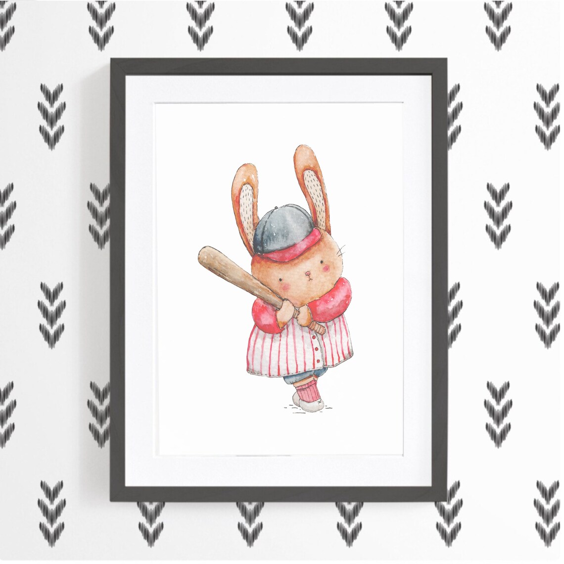 Watercolor Bunny Batter Baseball Uniform Kids Sports Nursery Poster - Image 2