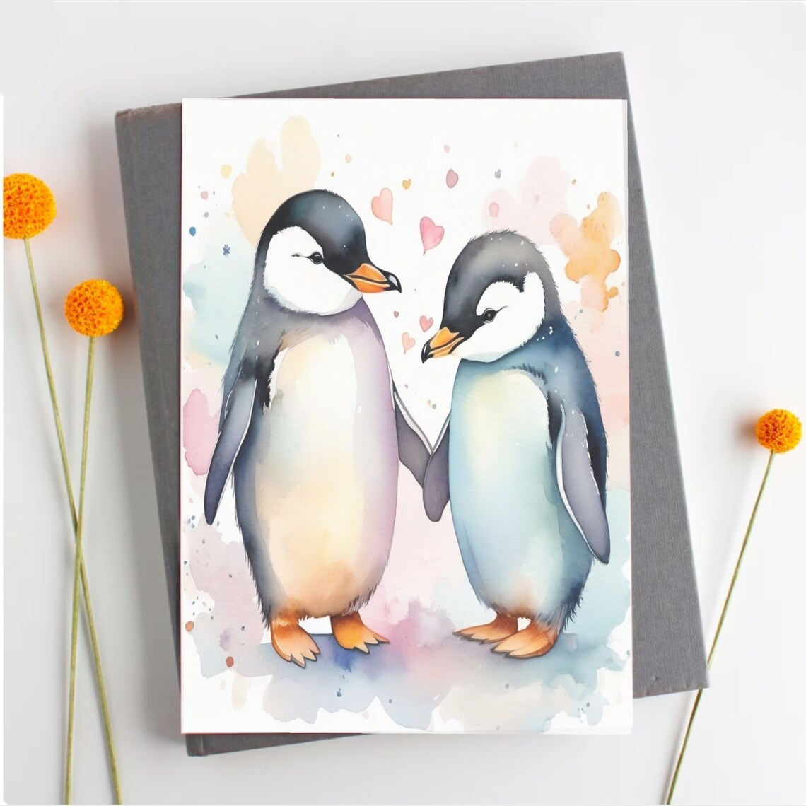 Two Penguins in Love Watercolor Hearts Cute Nursery Wall Poster - Image 2