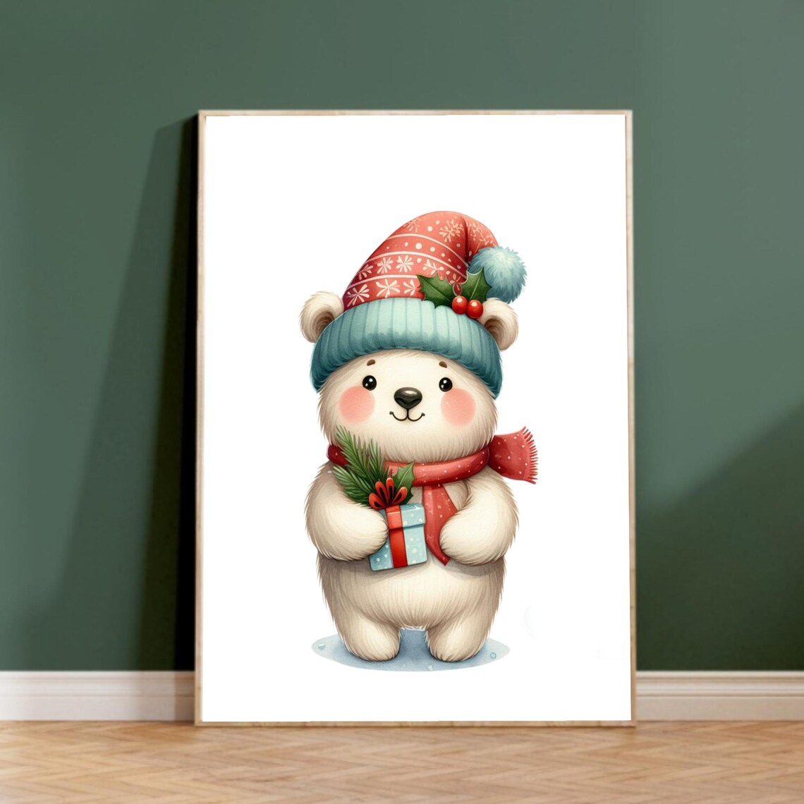 Polar Bear In Knit Santa Hat Holding Gift And Pine Winter Poster