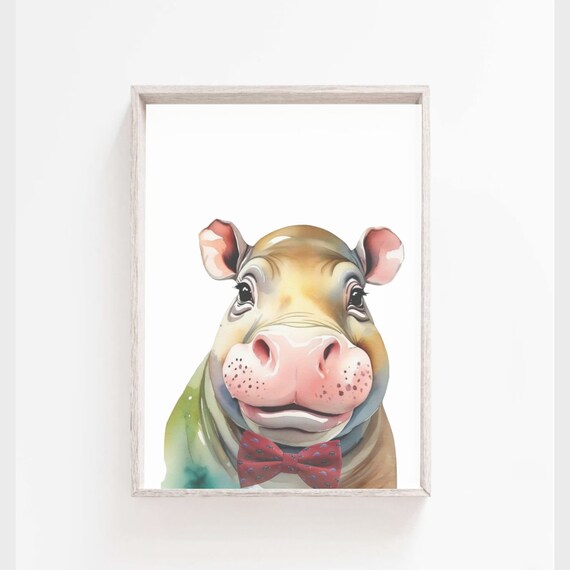 Baby Hippo Bow Tie Watercolor Safari Animal Nursery Kids Poster